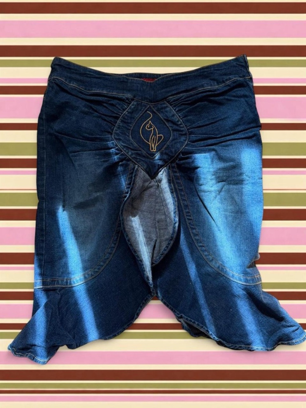 Baby Phat Dark Blue Midi Denim Skirt with Embroidered Waist Accent